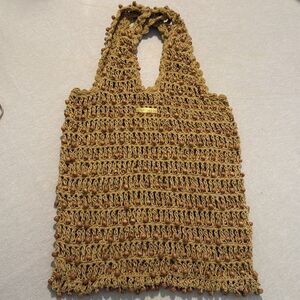 Aava Khaki Brown Beaded Open Knit Crochet Double Handle Market Beach Boho Tote